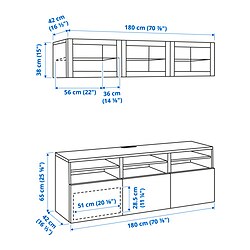 Ilustración de medidas - BESTÅ combinación almacenaje TV con guía para gaveta, cierre suave