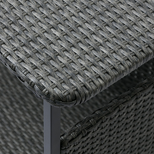 Primer plano de muebles de exterior grises tejidos, que muestran patrones intrincados y materiales duraderos.