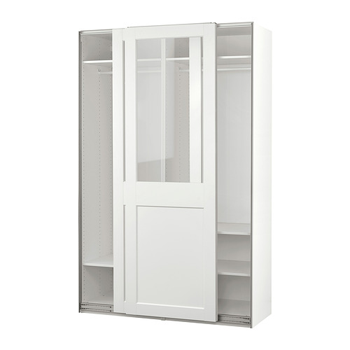 A white PAX wardrobe with sliding glass doors. It has shelves and a clothes rail for storage.