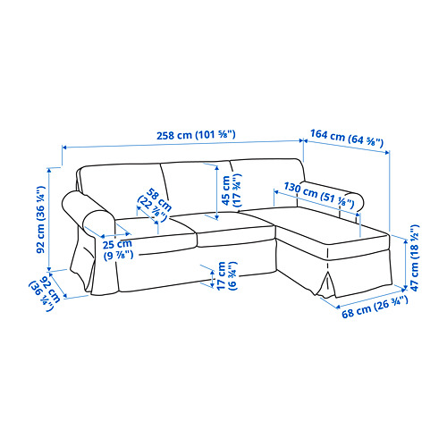 Measurement Illustration - UPPLAND 3-seat sofa with chaiselongue