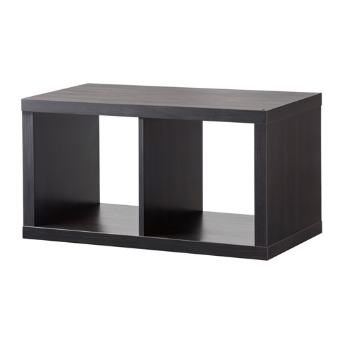 Estantería KALLAX negra, rectangular, diseño moderno, madera, dos secciones abiertas, montable en la pared.