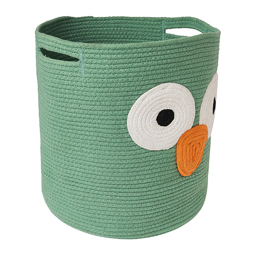 Cesta de almacenamiento de búho UPPSTÅ verde, algodón trenzado, redonda con asas.