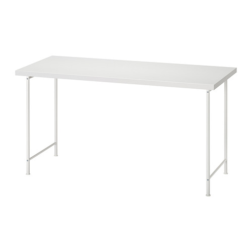 LAGKAPTEN: escritorio blanco moderno, rectangular, patas metálicas, diseño minimalista.