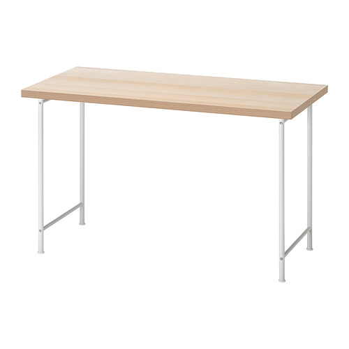 LAGKAPTEN: escritorio rectangular de madera clara con patas blancas. Diseño moderno y minimalista. Robusto con pies ajustables.