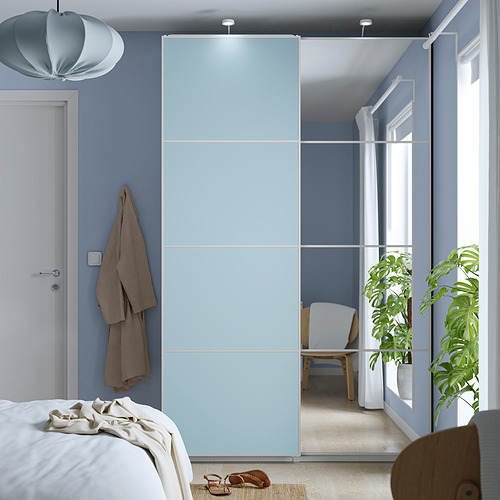 MEHAMN/AULI sliding doors, light blue/white, stylish minimalist bedroom with plant.