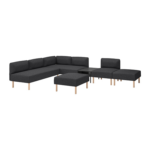 Moderno juego de sofás LILLEHEM negros con patas de madera clara, que incluyen mesa seccional, otomana y auxiliar. Diseño elegante y minimalista.