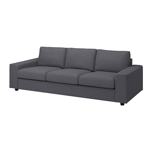 Moderno sofá VIMLE gris, tapizado en poliéster reciclado, forma rectangular, diseño limpio.