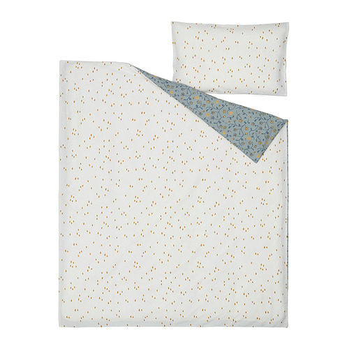 Edredón y almohada GULDVÄVARE en azul con motivos de flores y puntos, algodón orgánico.