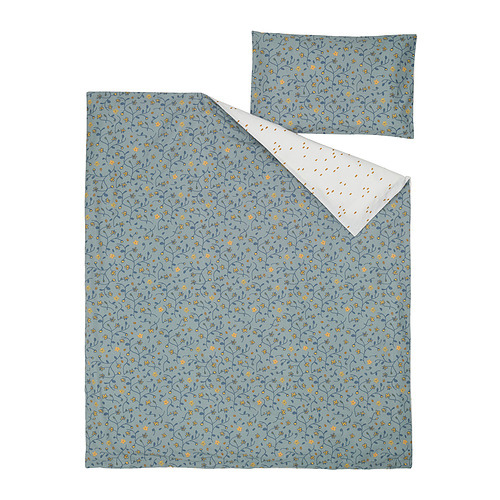 Juego de ropa de cama para bebé GULDVÄVARE, azul con flores amarillas, 3 piezas: funda nórdica, funda de almohada y cremallera. 100% algodón orgánico, lavable a máquina.