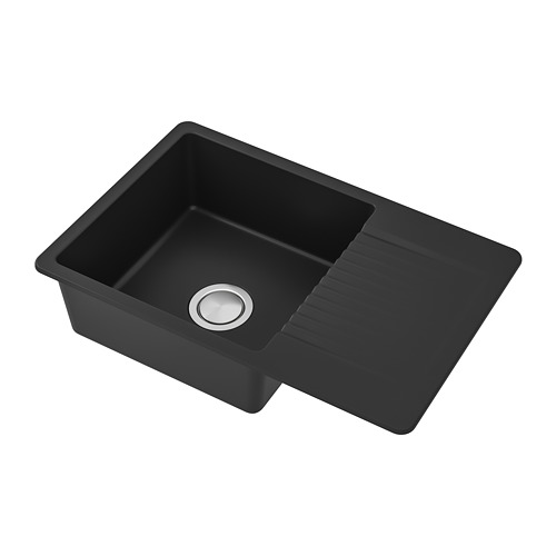 Fregadero de cuarzo negro KILSVIKEN, lavabo rectangular individual con escurridor, diseño moderno y elegante.