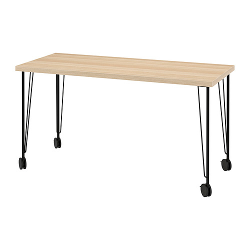 LAGKAPTEN: light wood desk with black metal legs and wheels.