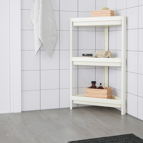 Estante de baño VESKEN blanco de tres niveles, ajuste de esquina, polipropileno.