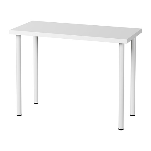 La imagen muestra un escritorio LINNMON blanco, rectangular con cuatro patas metálicas y un pie ajustable.