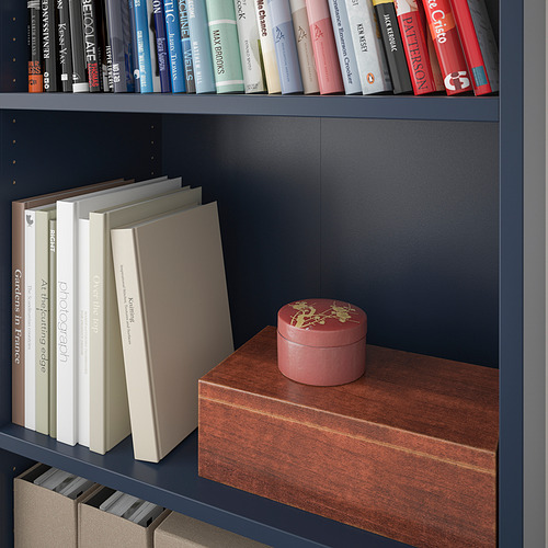 Estantería azul con estante de madera que contiene libros de arte y una caja roja.