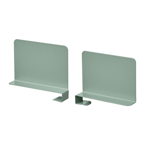 Dos sujetalibros metálicos de color verde menta, rectangulares con base inclinada para mayor estabilidad, diseñados para estantes o tableros de mesa.
