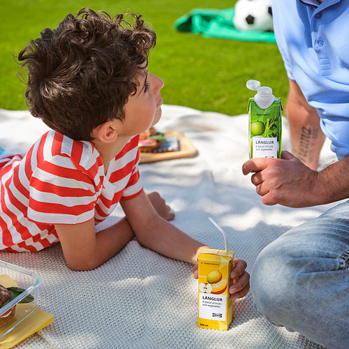 Un niño se sienta sobre una manta en un parque, mirando a un hombre que sostiene una botella de batido verde de LÅNGLUR, mientras sostiene una bebida de cartón amarillo con una pajita.