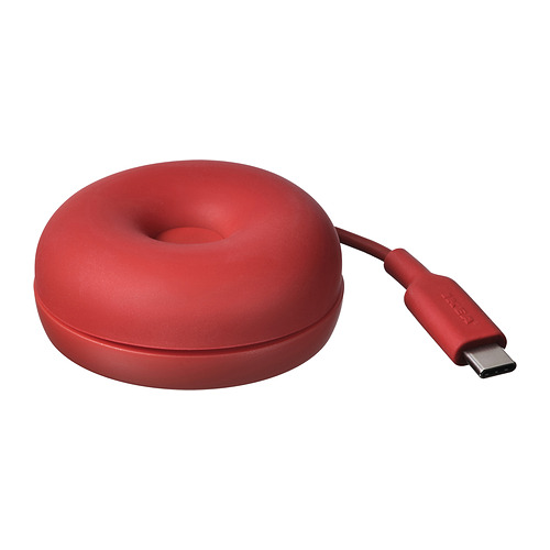 Cargador inalámbrico rojo en forma de rosquilla de ikea, fabricado en silicona suave, con cable usb-c.