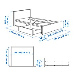 Measurement Illustration - MALM Twin bed frame high with 2 storage boxes