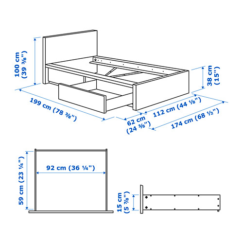 Measurement Illustration - MALM Twin bed frame high with 2 storage boxes