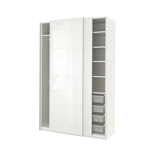 Armario PAX blanco, acabado brillante, puertas correderas, estantes de malla.