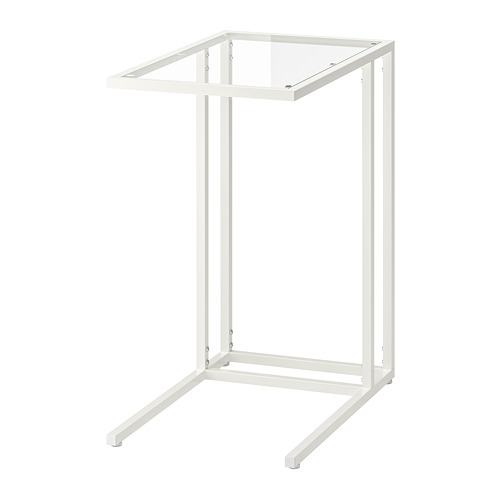 Un soporte para portátil VITTSJÖ en blanco, con una tapa cuadrada de vidrio templado sostenida por un marco de metal con cuatro patas.