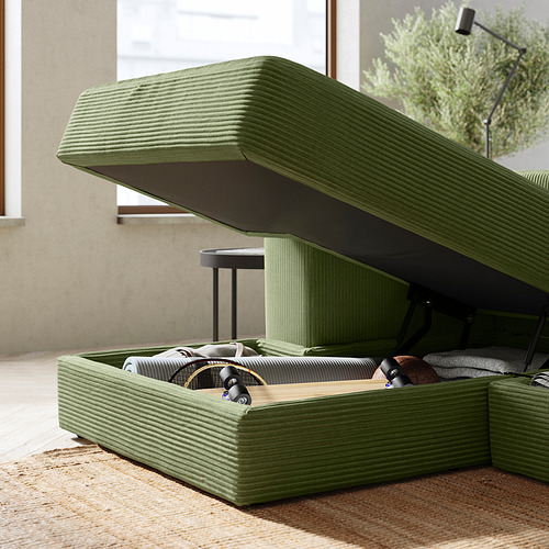 Moderno sofá modular JÄTTEBO verde oliva con almacenaje, tejido texturizado, líneas limpias y cojines ajustables.