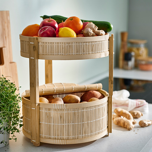 KANELMOTT: Cesta de frutas / verduras de bambú y ratán de 2 niveles, color natural, forma circular, hecha a mano, transpirable, reduce el desperdicio de alimentos.