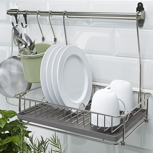 Escurridor de platos de pared de acero inoxidable, HULTARP, con platos, tazas y utensilios, con bandeja extraíble para recoger agua.
