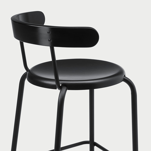 Taburete de bar moderno negro con respaldo curvo y asiento redondo, robustas patas de acero.