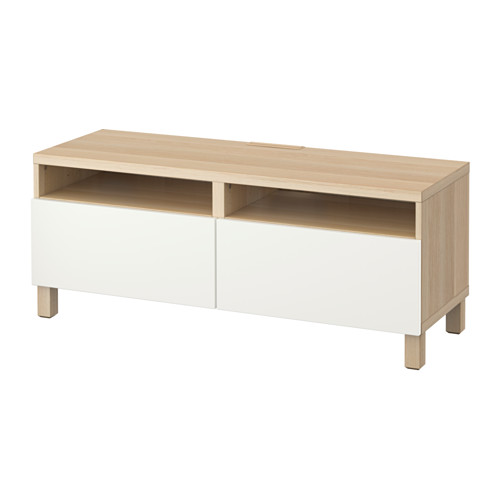 White and oak tv stand, modern minimalist design, open and drawer storage, adjustable shelves.