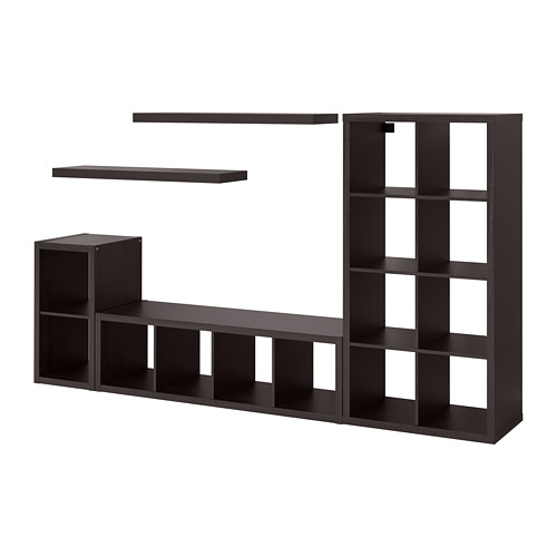 Black KALLAX modular shelving cubes and wall shelves for storage and display.