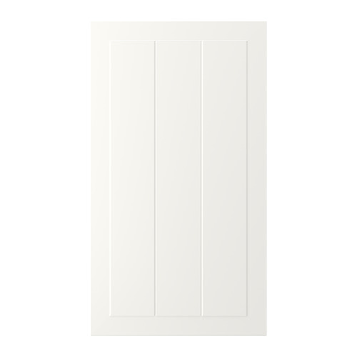 Una puerta de armario STENSUND rectangular blanca con paneles ranurados y un acabado liso y lacado.