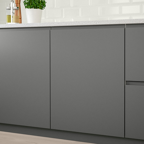 Modern grey kitchen cabinets with integrated handles, showcasing a smooth, minimalist design.