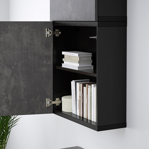 Mueble de pared negro con bisagras ajustables, con capacidad para libros.