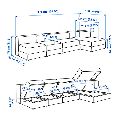 Measurement Illustration - JÄTTEBO 4.5-seat modular sofa with chaiselongue right