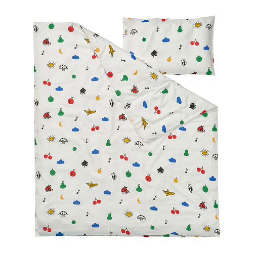 Juego de edredón nórdico para bebé GRÖNFINK, blanco con frutas de colores, insectos, nubes, mezcla de algodón suave, cuadrado con almohada.