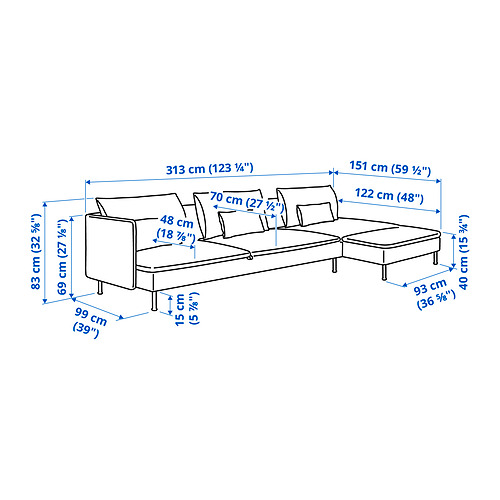 SÖDERHAMN, 4 seat sofa bed with chaise longue. 8 of 8 open dialog
