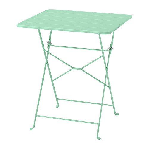 Mesa metálica plegable verde, rectangular, 2 soportes, uso exterior/interior.