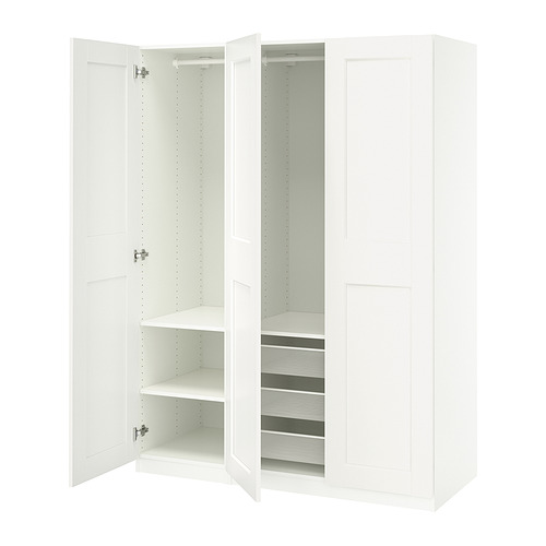 White PAX wardrobe with open door, shelves, and mesh basket.