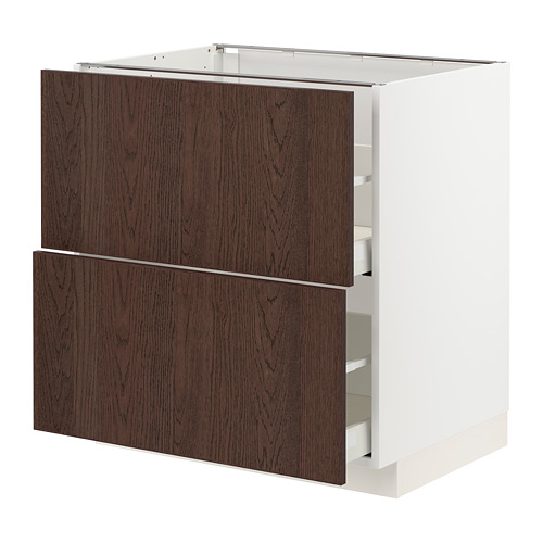 Ikea METOD kitchen unit, dark brown sinarp wood, white framework, two drawers open.