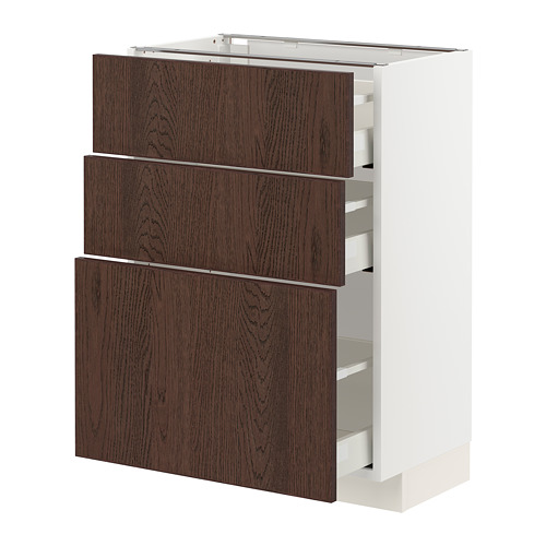 METOD kitchen unit, white with brown wood drawers, three shelves.