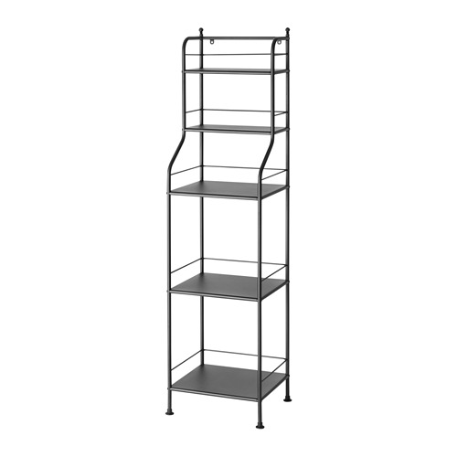 Una estantería metálica FRÖSJÖN negra de cuatro niveles, de diseño elegante y vertical, ideal para el almacenamiento en el baño.