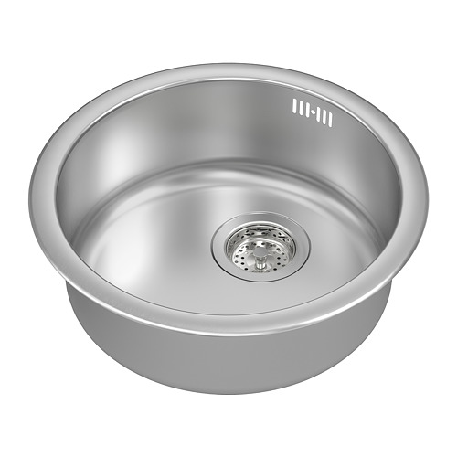 Fregadero de cocina plateado y de acero inoxidable; redondo, de un solo lavabo, de diseño moderno; Incluye colador.