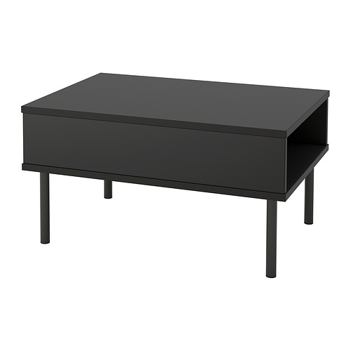 Mesa de centro moderna negra con tapa cuadrada, un solo cajón y patas metálicas.