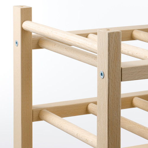 Botellero de madera con listones horizontales para botellas, robusto con tornillos visibles.