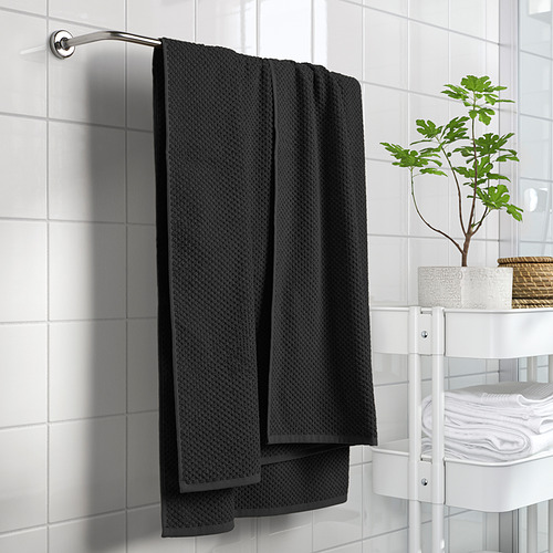 Black GULVIAL towel on chrome bar, 100% cotton, medium size & thickness.