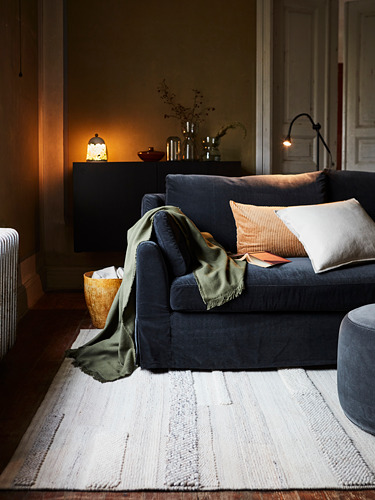 Acogedora sala de estar con sofá gris, alfombra blanca, manta verde y lámpara encendida.