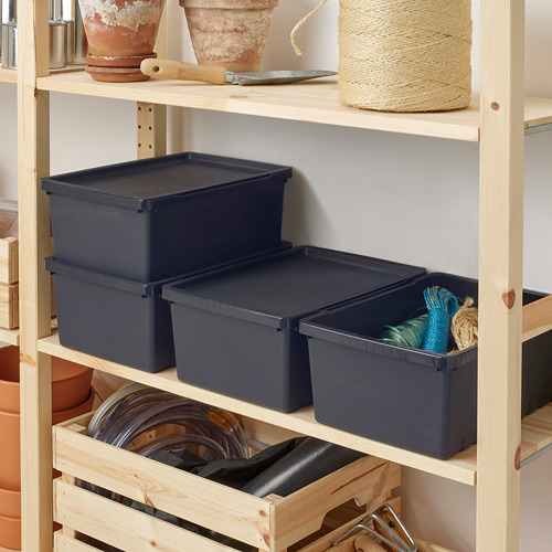 Caja de almacenamiento gris, duradera, se adapta a herramientas/residuos, polipropileno reciclado.