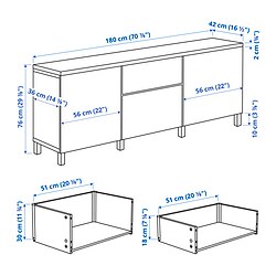 Ilustración de medidas - BESTÅ mueble sala con guía para gaveta, cierre suave