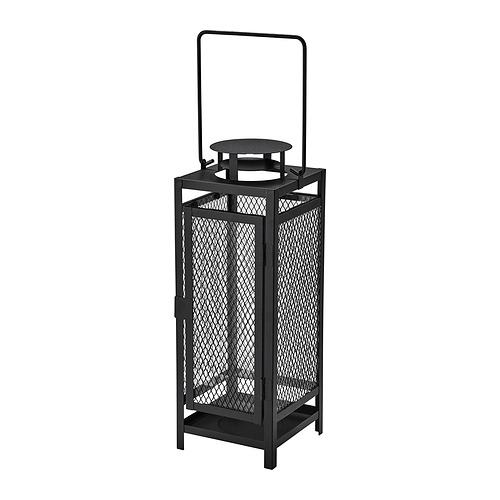 Linterna de metal negro con diseño de malla, mango en forma de U, para uso en interiores / exteriores, sostiene la vela de columna.